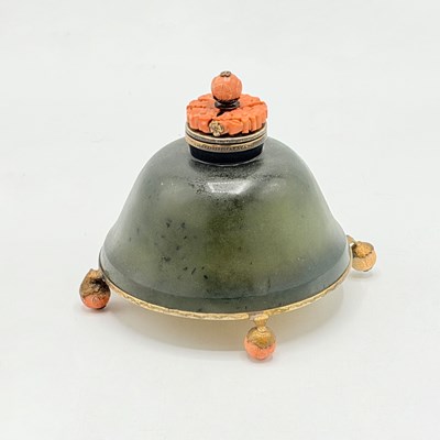 Lot 1097 - Gilt Sterling Silver, Bronze, Hardstone, and Coral Footed Inkwell