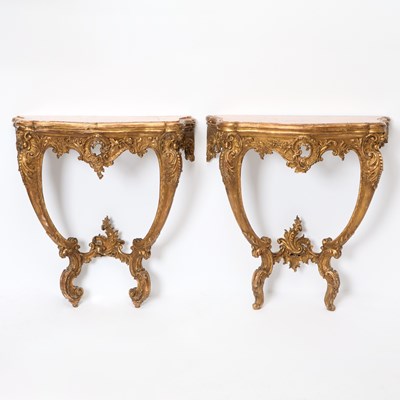Lot 377 - Pair of Louis XV Giltwood Marble Top Consoles