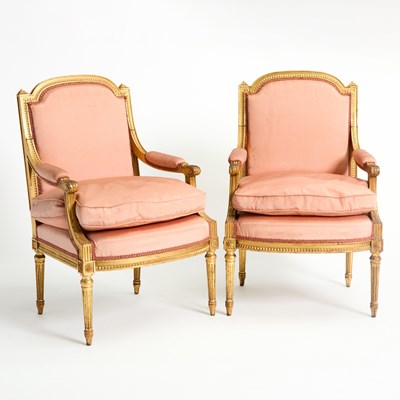 Lot 368 - Pair of Louis XVI Style Upholstered Giltwood Fauteuils