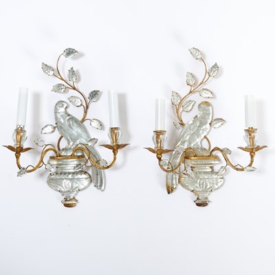 Lot 366 - Pair of Bagues Style Glass Bird Two-Light Wall Sconces