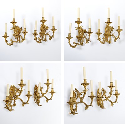 Lot 370 - Set of Four French Gilt Bronze Three-Light Sconces