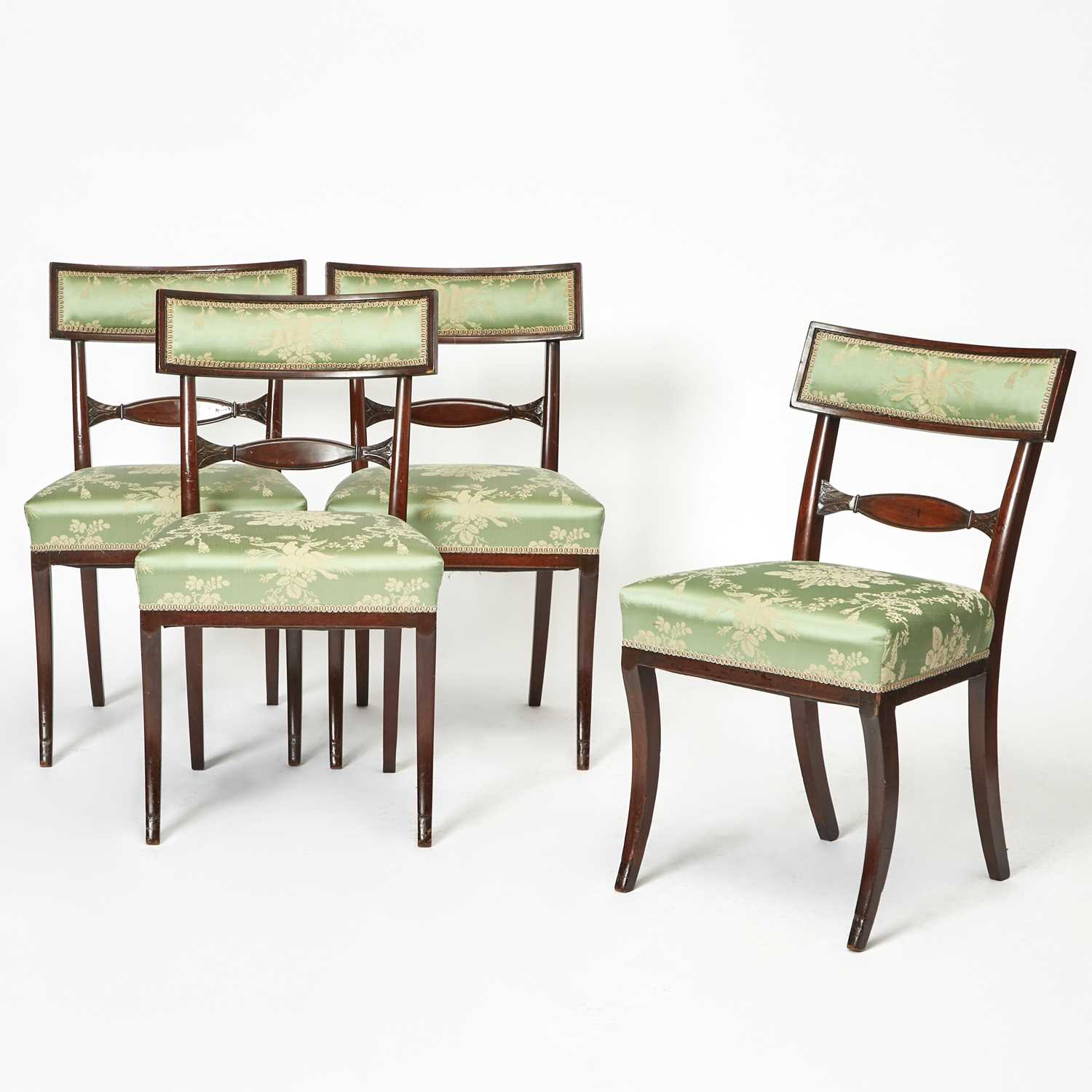 Lot 387 - Set of Four Regency Style Scalamandre Upholstered Mahogany Side Chairs