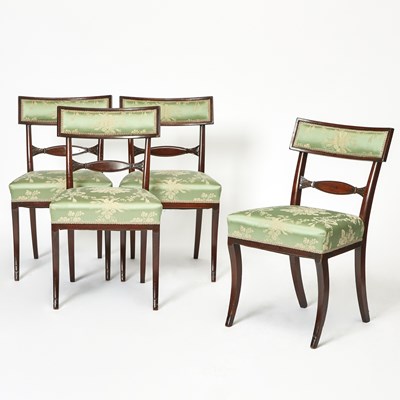 Lot 387 - Set of Four Regency Style Scalamandre Upholstered Mahogany Side Chairs