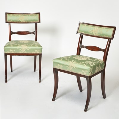 Lot 387 - Set of Four Regency Style Scalamandre Upholstered Mahogany Side Chairs