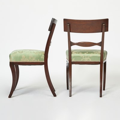 Lot 387 - Set of Four Regency Style Scalamandre Upholstered Mahogany Side Chairs
