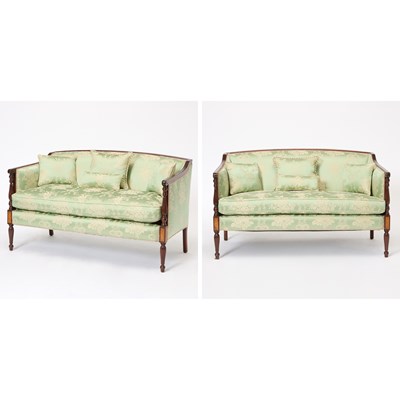 Lot 388 - Pair of Federal Style Scalamandre Upholstered Inlaid Mahogany Settees