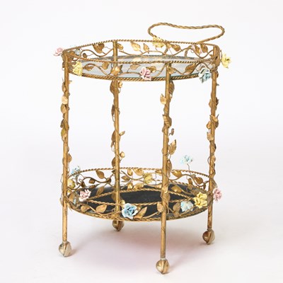 Lot 390 - Gilt-Metal, Glass and Floral Porcelain Mounted Bar Cart