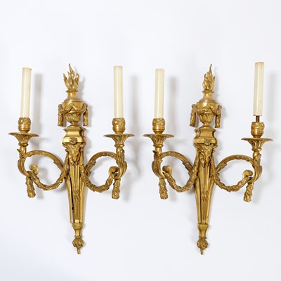 Lot 395 - Pair of Louis XVI Style Gilt-Bronze Two Light Sconces