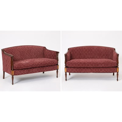 Lot 396 - Pair of Federal Style Upholstered Inlaid Mahogany Settees