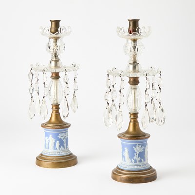 Lot 400 - Pair of George III Style Glass and Jasperware Candlesticks