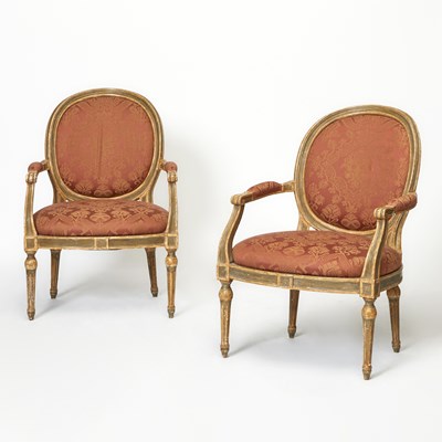 Lot 411 - Pair of Louis XVI Style Painted Upholstered Fauteuils