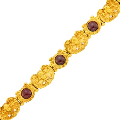 Lot 1048 - Art Nouveau Gold, Cabochon Garnet and Diamond Bracelet