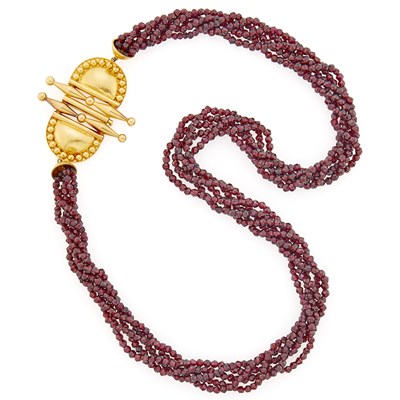 Lot 2204 - Long Multistrand Garnet Bead and Gold Clasp