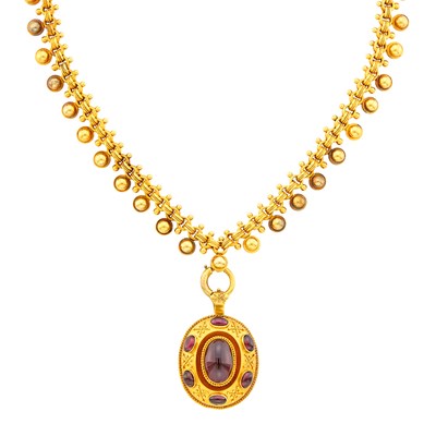 Lot 1047 - Antique Gold Necklace with Gold and Cabochon Garnet Pendant