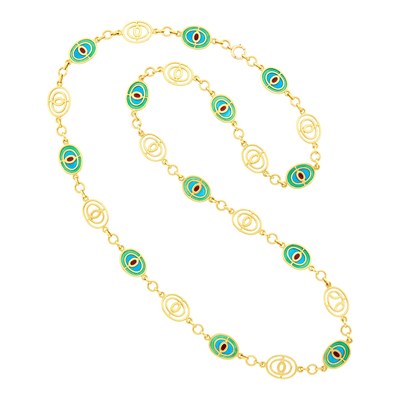 Lot 1020 - Long Gold and Plique-à-Jour Enamel Chain Necklace