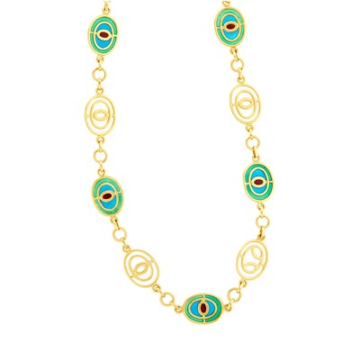 Lot 1020 - Long Gold and Plique-à-Jour Enamel Chain Necklace