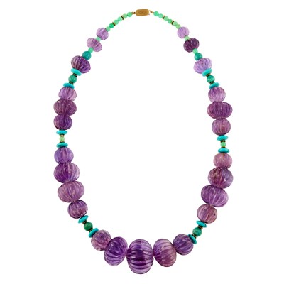 Lot 2038 - Fluted Amethyst, Turquoise, Green Chalcedony and Amazonite Bead Necklace with Gilt-Metal Clasp