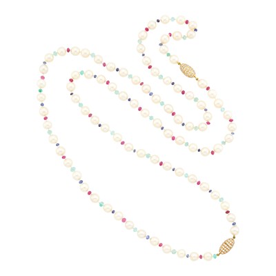Lot 2240 - Long Cultured Pearl, Sapphire, Ruby and Emerald Bead Necklace with Gold and Diamond Clasp