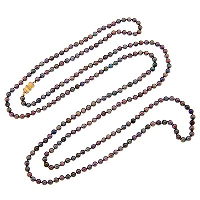 Lot 2231 - Long Tahitian Gray Cultured Pearl Necklace with Gold and Diamond Clasp