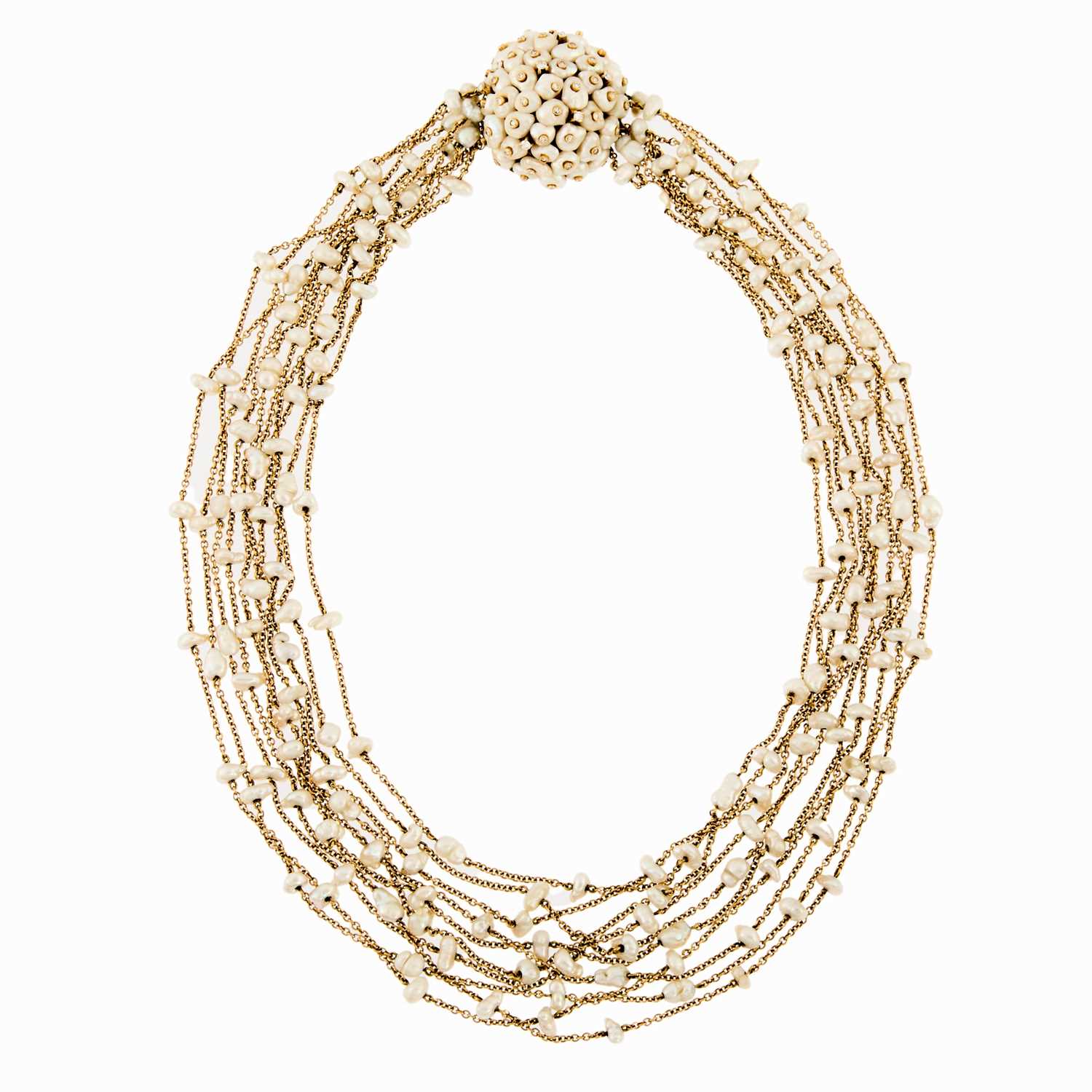 Lot 2062 - Multistrand Gold and Freshwater Pearl Necklace with Freshwater Pearl and Diamond Clasp