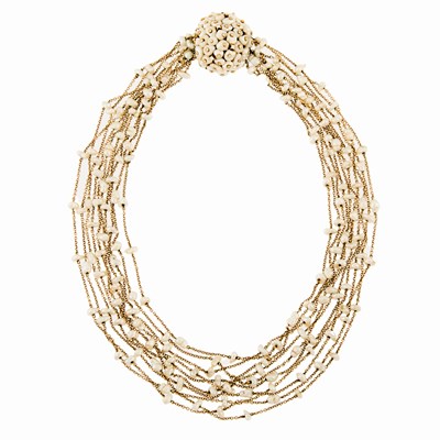 Lot 2062 - Multistrand Gold and Freshwater Pearl Necklace with Freshwater Pearl and Diamond Clasp