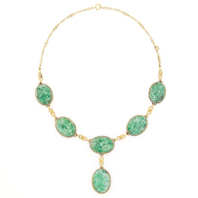 Lot 2207 - Gold and Carved Jade Pendant-Necklace