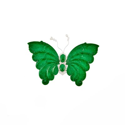 Lot 2084 - White Gold, Carved Dyed Jade and Diamond Butterfly Brooch