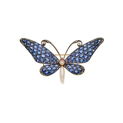 Lot 2118 - Gold, Silver, Sapphire, Freshwater Pearl and Diamond Butterfly Brooch