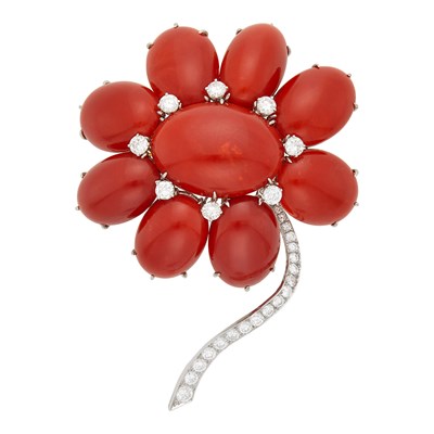 Lot 143 - F. Staal Platinum, Oxblood Coral and Diamond Flower Brooch