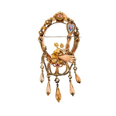 Lot 2140 - Antique Low Karat Gold, Gilt-Metal, Seed Pearl and Enamel 'Secret Lover' Pendant-Brooch