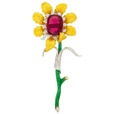 Lot 30 - Two-Color Gold, Rubellite, Enamel and Diamond Flower Brooch