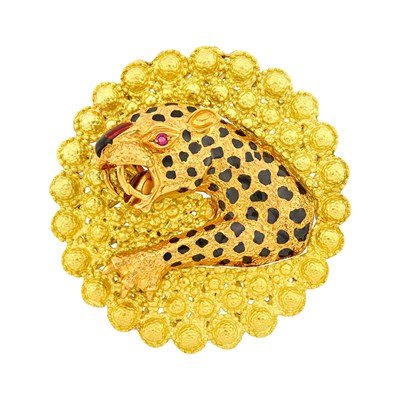 Lot 1135 - Gucci Two-Color Gold, Enamel and Ruby Leopard Brooch