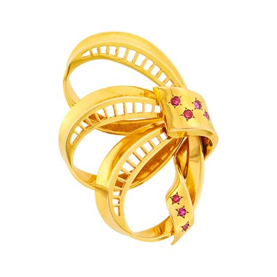 Lot 1034 - Gold and Ruby Bow Brooch
