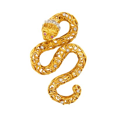 Lot 1111 - Ilias Lalaounis Two-Color Gold, Diamond and Ruby Coiled Chimera Brooch