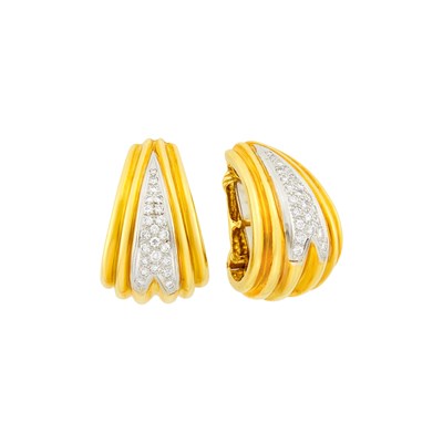 Lot 1108 - Pair of Two-Color Gold and Diamond J-Hoop Earclips