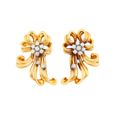 Lot 1037 - Pair of Gold, Platinum and Diamond Bow Earrings