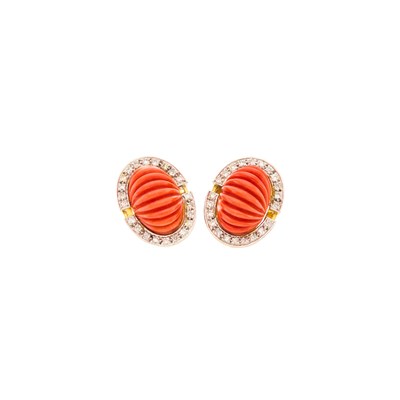 Lot 2009 - Pair of Two-Color Gold, Fluted Coral and Diamond Earrings