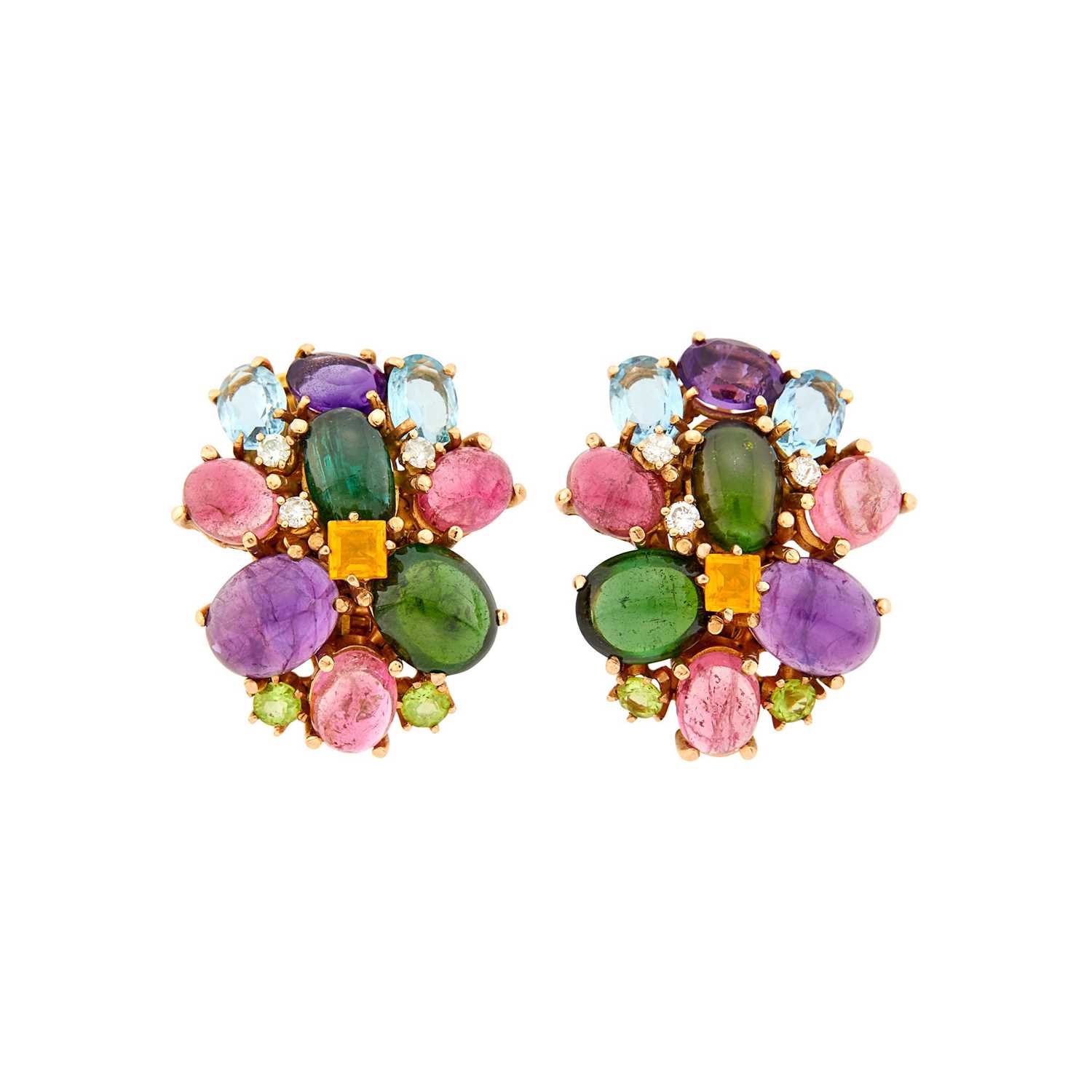 Lot 1073 - Pair of Gold, Gem-Set and Diamond Cluster Earclips