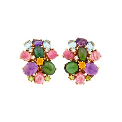 Lot 1073 - Pair of Gold, Gem-Set and Diamond Cluster Earclips