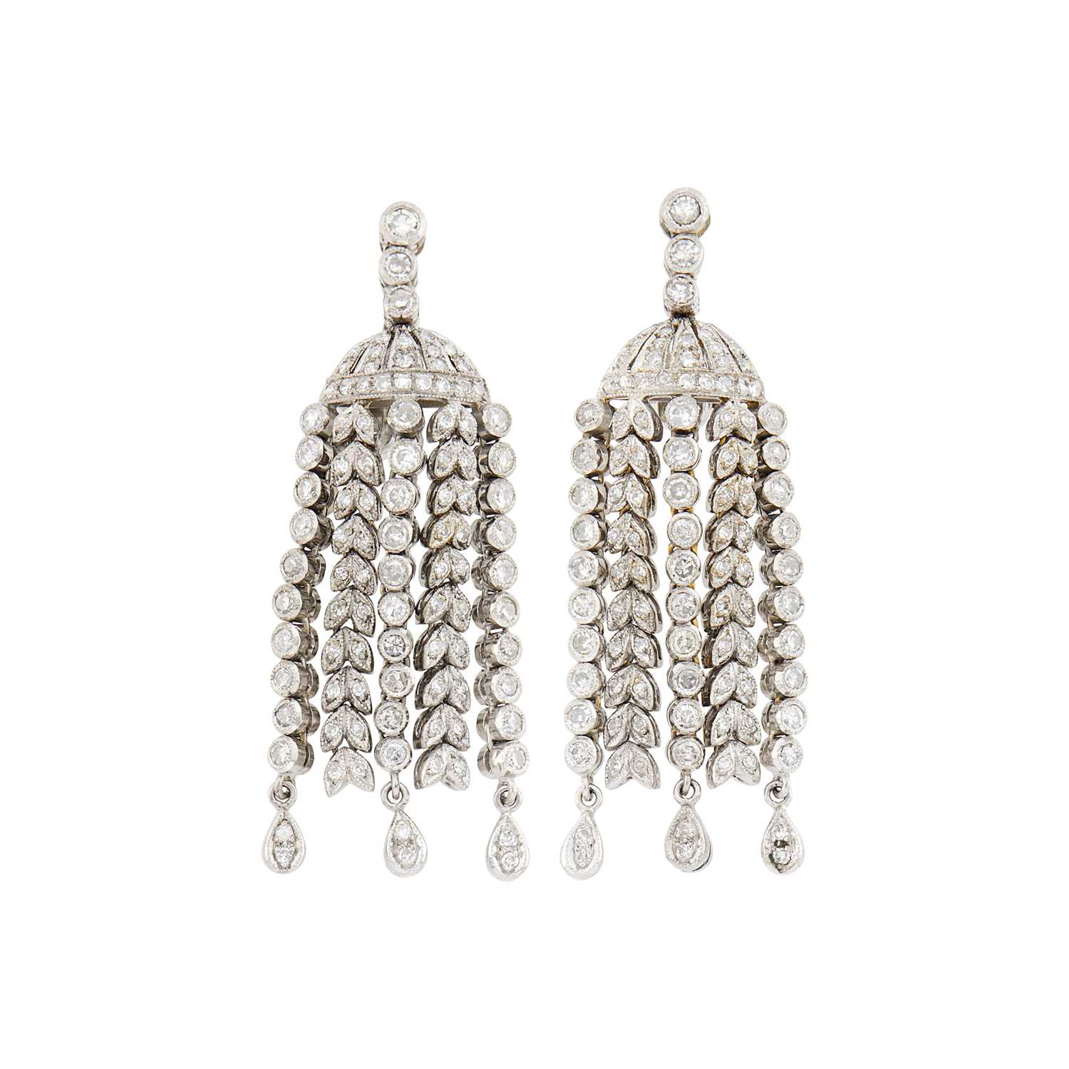 Lot 93 - Pair of Platinum and Diamond Tassel Pendant-Earclips