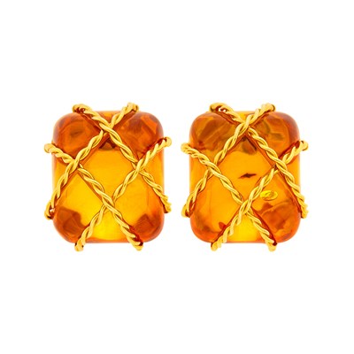 Lot 1 - Seaman Schepps Pair of Gold and Amber 'Cage' Earclips