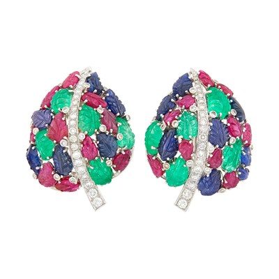 Lot 1081 - Pair of White Gold, Carved Colored Stone and Diamond Leaf Earclips