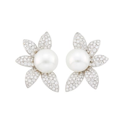 Lot 1096 - Pair of White Gold, South Sea Cutlured Button Pearl and Diamond Flower Earclips