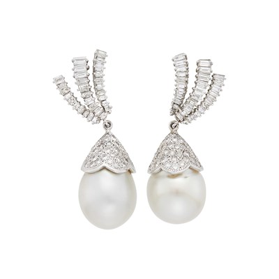 Lot 1078 - Pair of Platinum, White Gold, Diamond and South Sea Cultured Pearl Pendant-Earclips