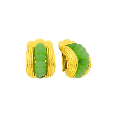 Lot 45 - David Webb Pair of Gold and Fluted Jade Earclips
