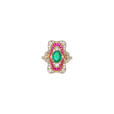 Lot 1100 - Platinum, Gold, Emerald, Ruby and Diamond Ring