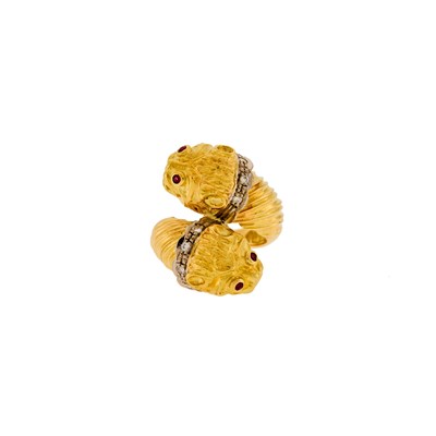 Lot 2028 - Ilias Lalaounis Two-Color Gold, Diamond and Ruby Chimera Crossover Ring