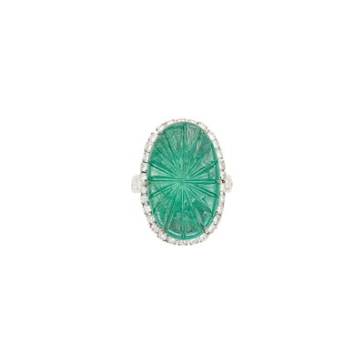 Lot 142 - David Webb Platinum, Carved Cabochon Emerald and Diamond Ring