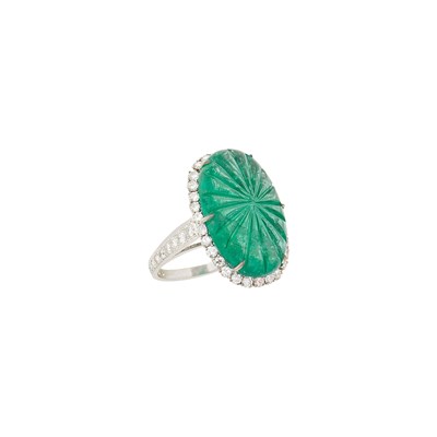 Lot 142 - David Webb Platinum, Carved Cabochon Emerald and Diamond Ring