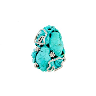 Lot 2093 - White Gold, Carved Turquoise and Diamond Clip-Brooch